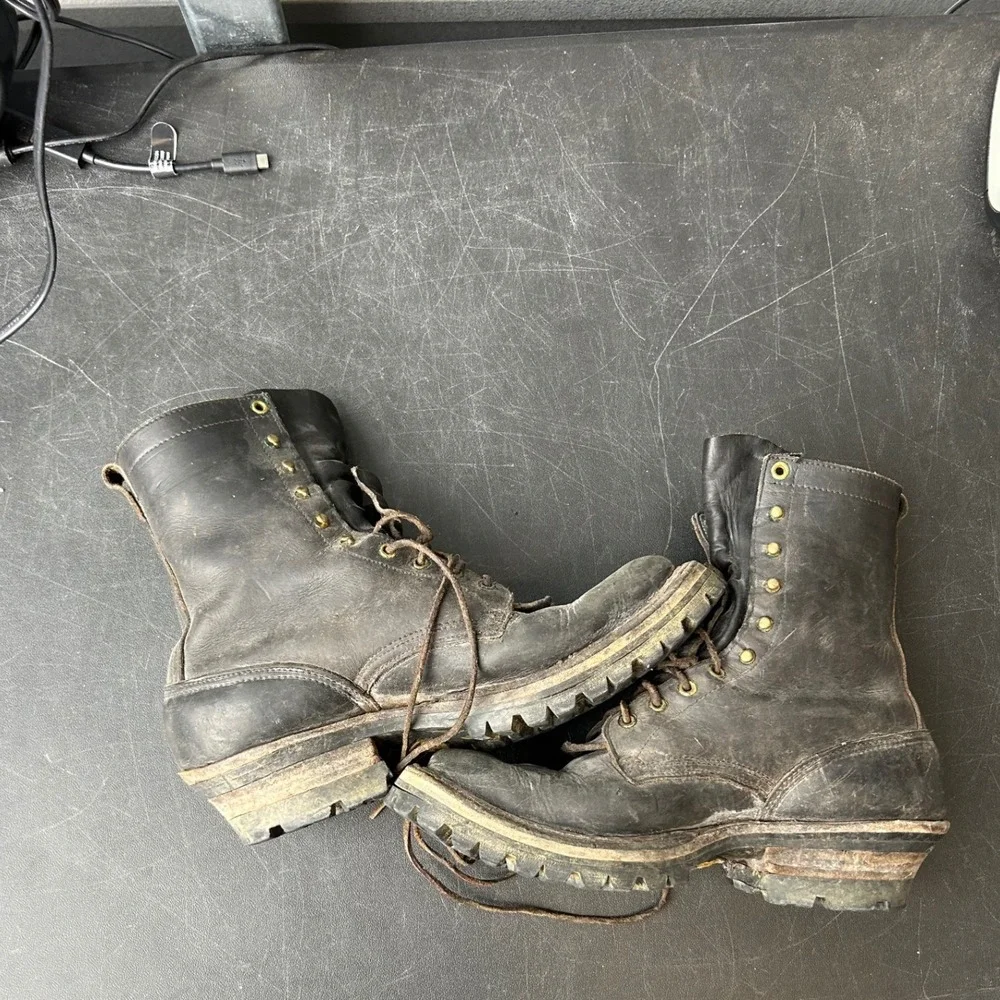 Vintage Black Leather Logger Boots Soft Toe Vibram Lug Sole Men 11.5 C Work Boot